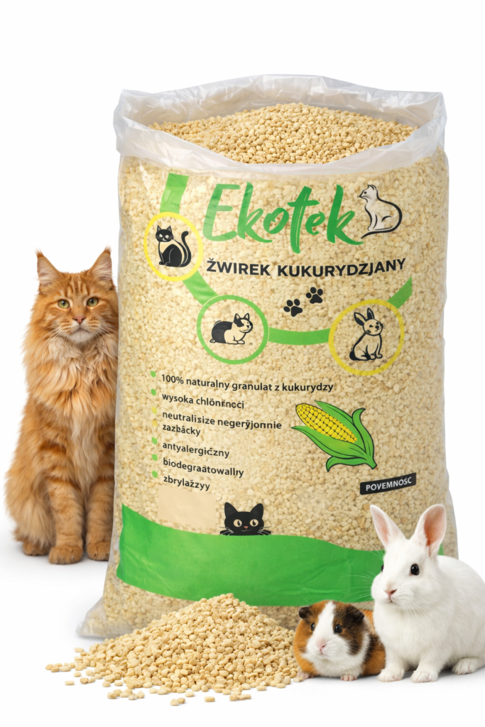 Żwirek kukurydziany GRUBOZIARNISTY EKOTEK 33L dla kotów, królików, 19.5KG